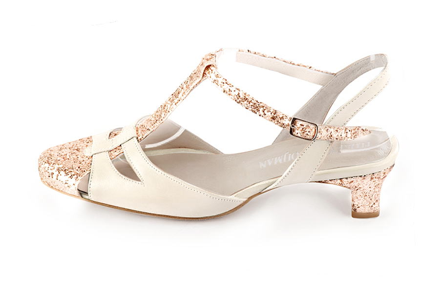 Powder pink and off white women's open back T-strap shoes. Round toe. Low kitten heels. Profile view - Florence KOOIJMAN